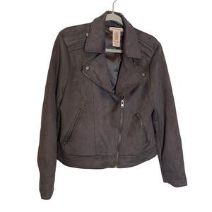 Philosophy Jacket Womens Large Gray Simulated Suede Asymetrical Zipper Snap Moto